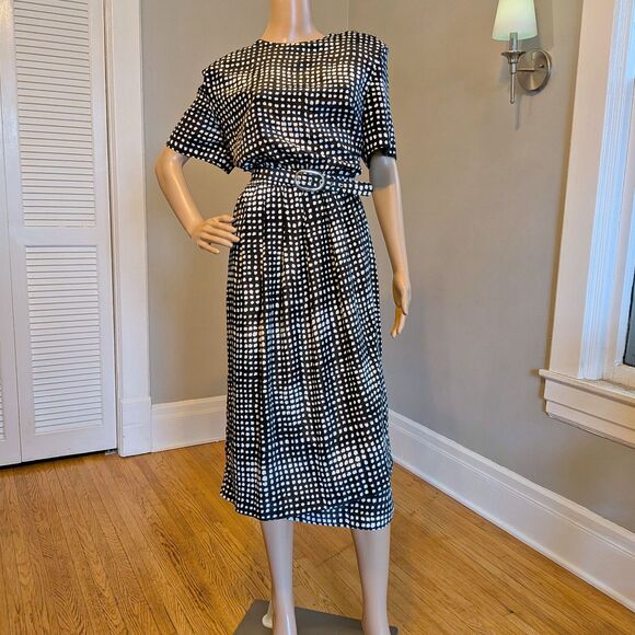 Vintage 80s Leslie Fay Polka Dot Midi Dress, Belted Black, Corpcore Office 14 - Picture 2 of 12
